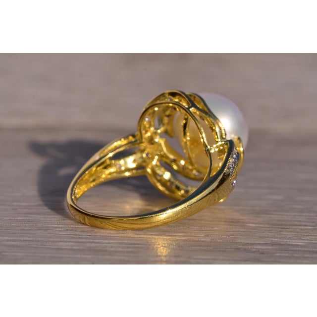 Metal The Malibu Creek: Pearl and Natural Diamond Swirl Ring in Yellow Gold For Sale - Image 7 of 11