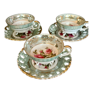 Vintage Royal Sealy Teacup Trio: Iridescent Green China With Pink Roses - Set of 3 Cups & 3 Saucers