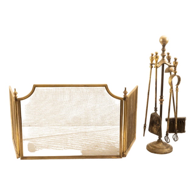 Brass Fireplace and Spark Guard Kit, 1970s, Set of 6 For Sale