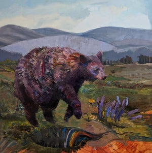 Bear I Am Afraid Of by Caitlin Hurd | Oil on canvas Bear walking through a vibrant landscape.
