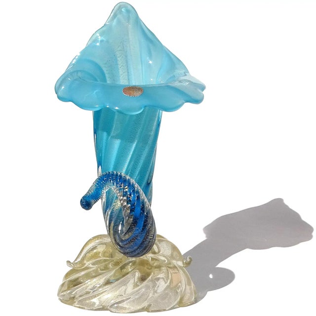 Seguso Vintage Murano Seguso Opalescent Blue Gold Flecks Italian Art Glass Mid Century Sculptural Flower Vase For Sale - Image 4 of 12