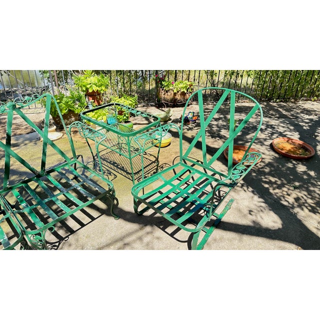 Victorian Vintage Woodard Chantilly Rose Iron Sectional Sofa, Rocker & Side Table For Sale - Image 3 of 5