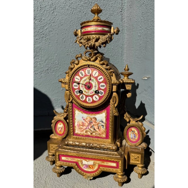 Victorian 19th Century French Gilt Mantel Clock With Red Sevres Style Porcelain For Sale - Image 3 of 16