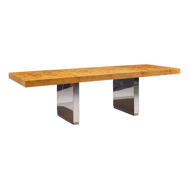 Roger Sprunger for Dunbar Mid Century Burlwood and Chrome Expanding Dining Table With 2 Leaves For Sale