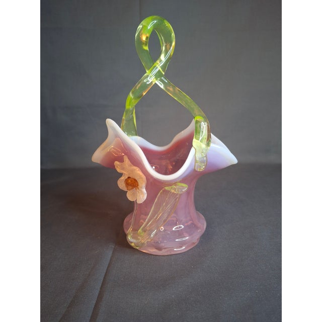 Antique Stevens & Williams Art Glass Basket - Pink Opalescent Cased Glass - Applied Flower & Stem - Uranium Vaseline Glass Handle - Circa 1880s For Sale In Boston - Image 6 of 18