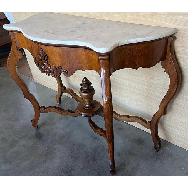 Wood Mid 19th Century French Regency Console Table in Carved Walnut with drawer and Marble Top For Sale - Image 7 of 18