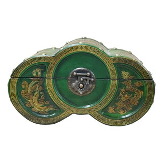 Oriental Bright Green Flower Bird Graphic Circles Shape Container Box For Sale