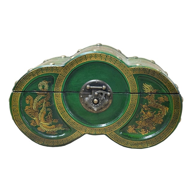 Oriental Bright Green Flower Bird Graphic Circles Shape Container Box For Sale