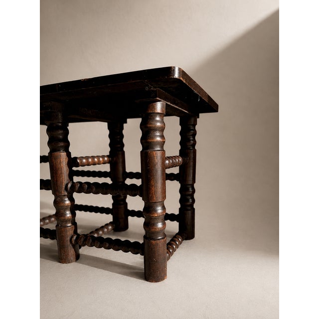 Rustic Antique Six-Legged Oak Console Table with Bobbin-Turned Legs and Stretchers attributed to Charles Dudouyt, 1940s For Sale - Image 3 of 11