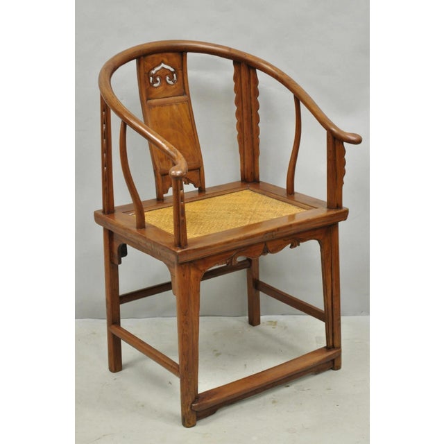 Antique Chinese Elm Hardwood Horseshoe Oriental Huanghuali Lounge Arm Chair For Sale - Image 16 of 16