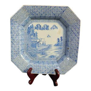 Antique 19th Century Japanese Meiji Period Arita 12” Octagonal Blue and White Landscape Charger