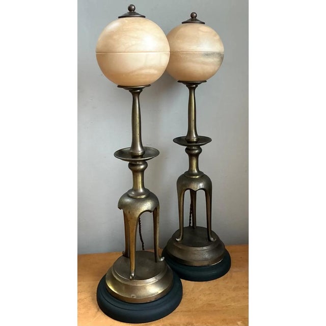 Vintage Brass and Alabaster Table Lamps - Pair For Sale - Image 4 of 12