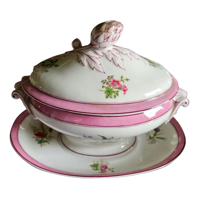 Beautiful Old Paris Covered Sauce Tureen With Wildflowers and Raspberry Banding Kerr Philadelphia For Sale