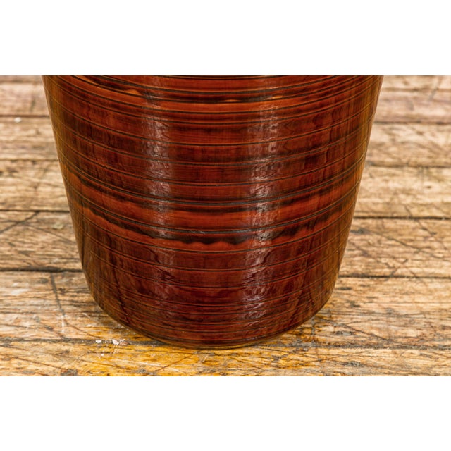 Artisan Brown Glaze Vase with Black Concentric Motifs and Tapering Lines For Sale - Image 11 of 12