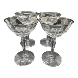 1950s Crystal Silver Platinum Rim Band Champagne Glasses MCM Elegant Stemware (Set of 4)