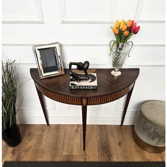 1960s Mid-Century Italian Demi Lune Wood Inlay Wall Console or Side Table, 1960s For Sale - Image 5 of 9