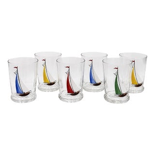 Vintage Set 6 Hand Painted Sailboat Shot Glasses Nautical Barware For Sale