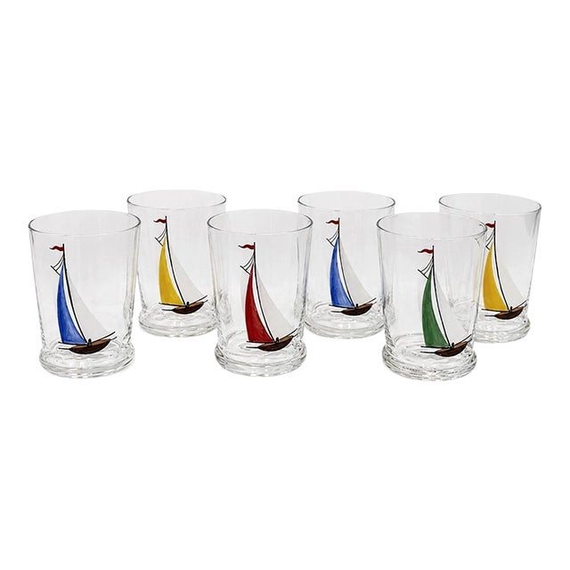 Vintage Set 6 Hand Painted Sailboat Shot Glasses Nautical Barware For Sale