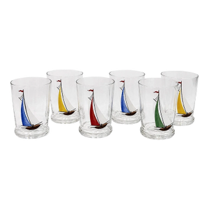 Vintage Set 6 Hand Painted Sailboat Shot Glasses Nautical Barware