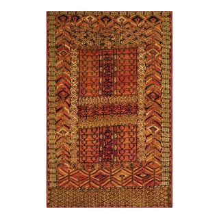 1890s Red Geometric Tribal Antique Central Asian Turkmen Tekke Engsi Rug 3' 9" X 5' 5" Knotted Wool Carpet For Sale
