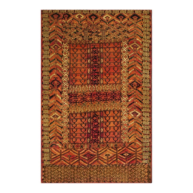 1890s Red Geometric Tribal Antique Central Asian Turkmen Tekke Engsi Rug 3' 9" X 5' 5" Knotted Wool Carpet For Sale