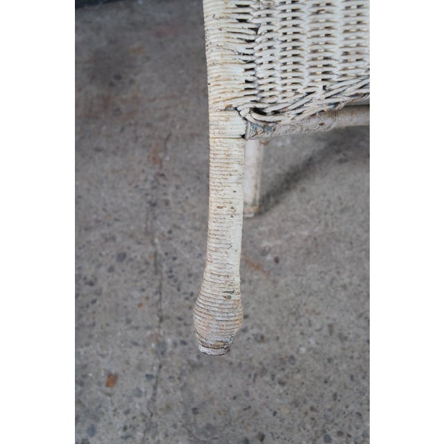 Antique White Painted Wicker Boho Chic Cottage Farmhouse Patio Lounge Armchair For Sale - Image 13 of 14