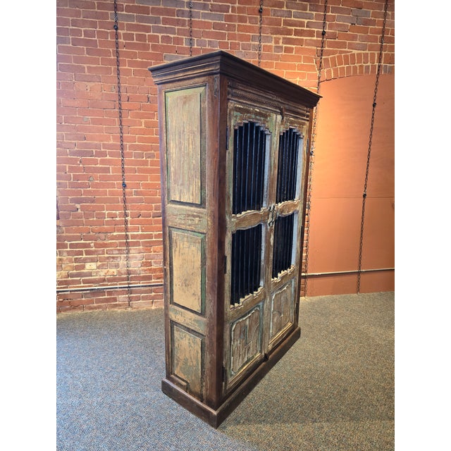 Handcrafted Reclaimed Wood Armoire With Iron Jali Bar Doors For Sale - Image 4 of 6