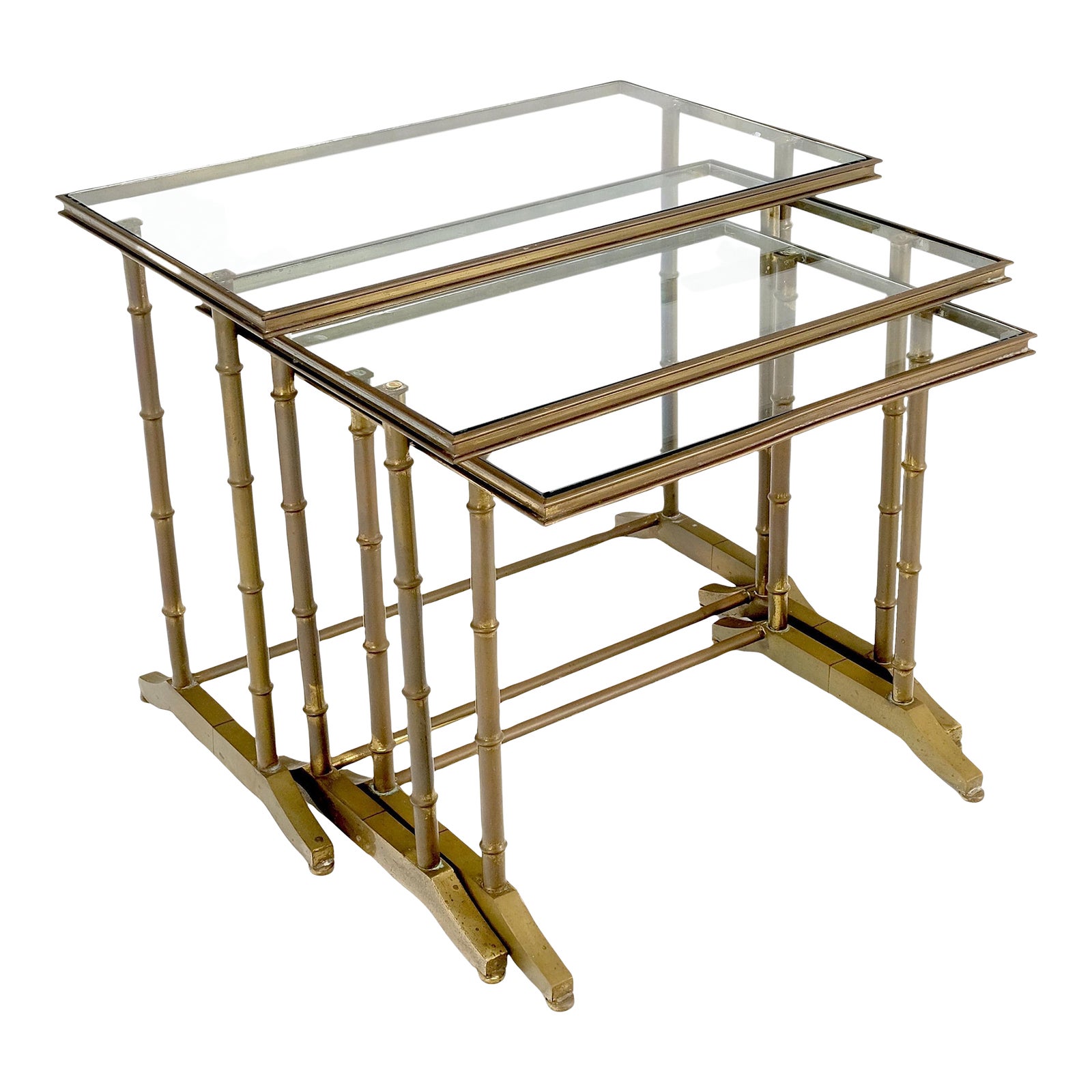 MidCentury Modern Solid Brass Faux Bamboo Glass Top Nesting Side End