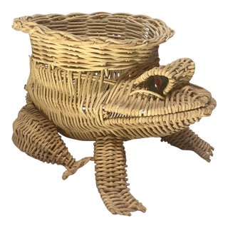 Mid-Century Wicker Frog Planter With Marble Eyes For Sale