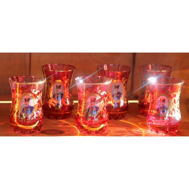Vintage Set of 6 Persian Shah Tea Glasses Cranberry Glass Gilt Trim For Sale In Phoenix - Image 6 of 6