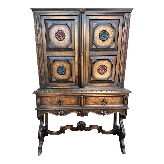 Antique Berkey & Gay Grand Rapids 'Span-Umbrian' Walnut, Burlwood and Polychrome Cabinet - Circa 1917 For Sale In Saint Louis - Image 6 of 12