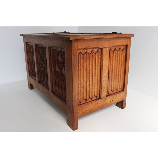 19th Century Antique 19th Century French Gothic Revival Blanket Chest in Carved Oak and Forged Iron, 1880 For Sale - Image 5 of 14