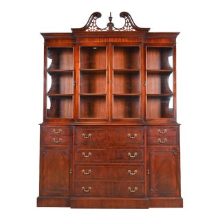 Baker Furniture Style Georgian Flame Mahogany Bubble Glass Breakfront Bookcase Cabinet With Drop Front Secretary Desk For Sale