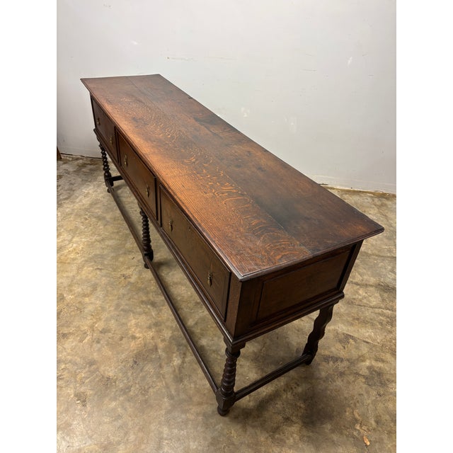 English Antique English Oak Sideboard With Inlay Design and Barley Twist Legs For Sale - Image 3 of 9