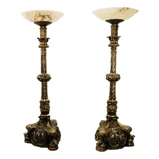 Pair of Late 19th Century Gothic Revival Bronze Torcheres With Alabaster Shades For Sale