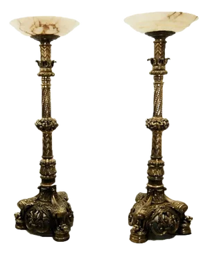 Pair of Late 19th Century Gothic Revival Bronze Torcheres With Alabaster Shades