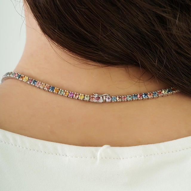 925 Silver 20.81 Ct Rainbow Multi Sapphire Rivière Tennis Necklace 18.5 Inch - Christmas Gift For Sale - Image 9 of 13