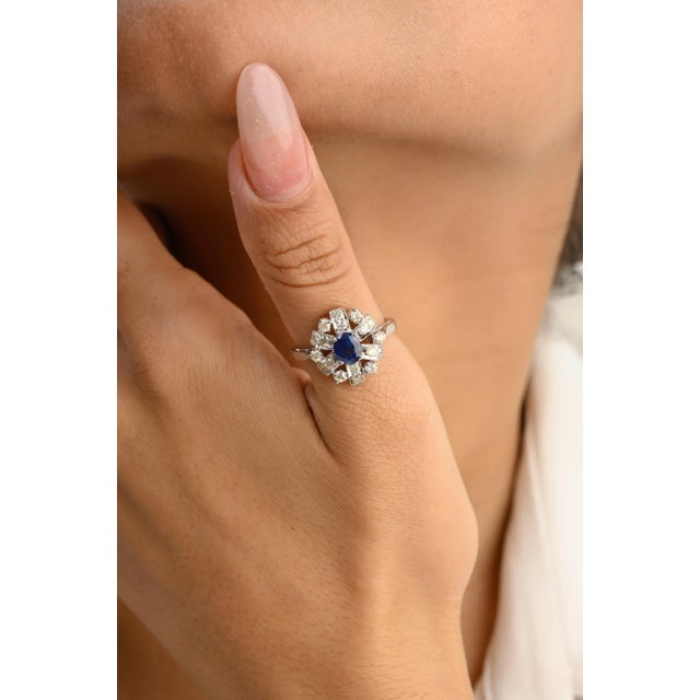 This is part of Chairish’s Fine Jewelry assortment. Floral Halo Diamond and Blue Sapphire Ring Gift for Women in 14K Gold...