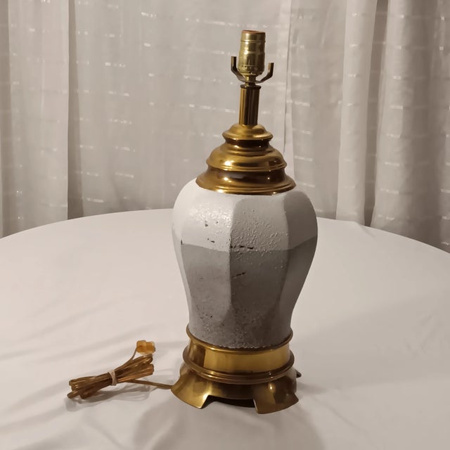 Vintage Mid 20th Century White and Grey Color Ceramic and Brass Lamp For Sale - Image 9 of 16