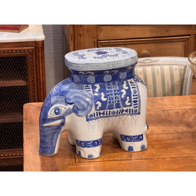 Traditional 1980s Blue and White Elephant Stool For Sale - Image 3 of 7