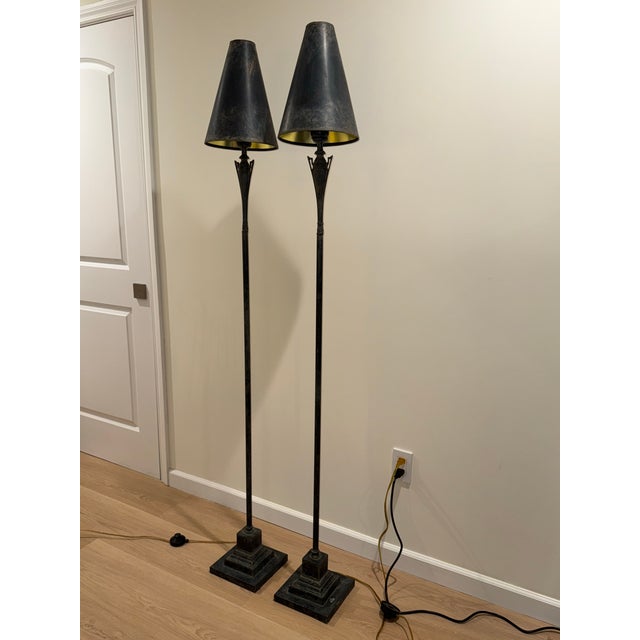 1970s Cambridge Lamps Inc. Neoclassical Style Black Floor Lamps Pair For Sale - Image 4 of 12