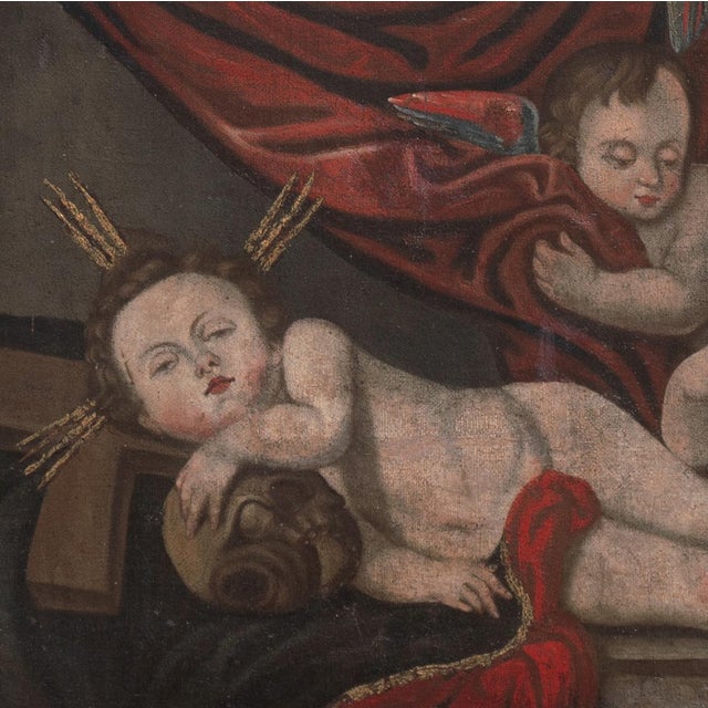 Burgundy 'Cherubs Playing', 18th Century Italian School, Angels, Amorini, Memento Mori, Naive, Baroque Religious Oil For Sale - Image 8 of 11