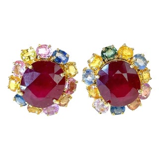 Bochic "Orient" Fancy Sapphire & Ruby Earrings Set 18K Gold&Silver For Sale