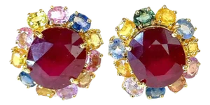 Bochic "Orient" Fancy Sapphire & Ruby Earrings Set 18K Gold&Silver