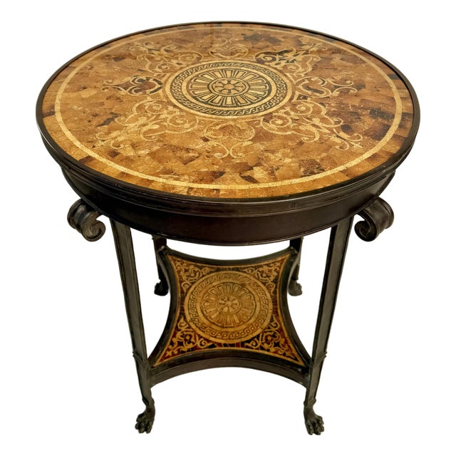 Mid-20th C. European Neoclassical Stone Mosaic Top Side Table With Cast Bronze Base For Sale