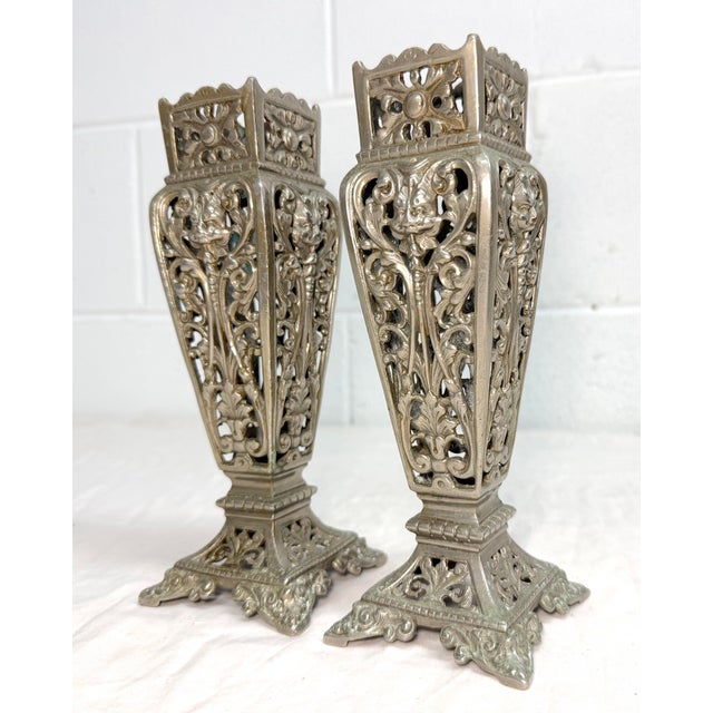 Victorian Pair of Antique Victorian Reticulated Open Worked Nickel Plated Brass Vases For Sale - Image 3 of 11