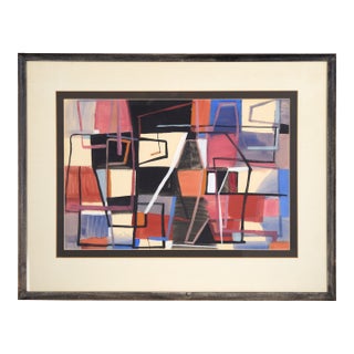 Geometric Abstract in Blue, Red, Black, and White - Acrylic on Paper by Russell Green For Sale