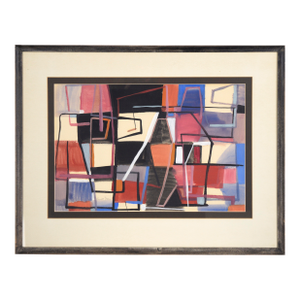 Geometric Abstract in Blue, Red, Black, and White - Acrylic on Paper by Russell Green