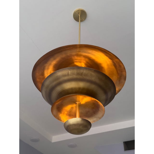 Handmade Solid Brass Tiered Chandelier: Modern Sculptural Pendant Light Fixture For Sale - Image 14 of 15