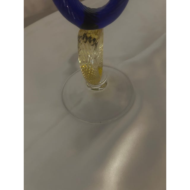 Contemporary studio Art Glass centerpiece featuring a wide, hand-blown cobalt blue platter supported by an elegant...